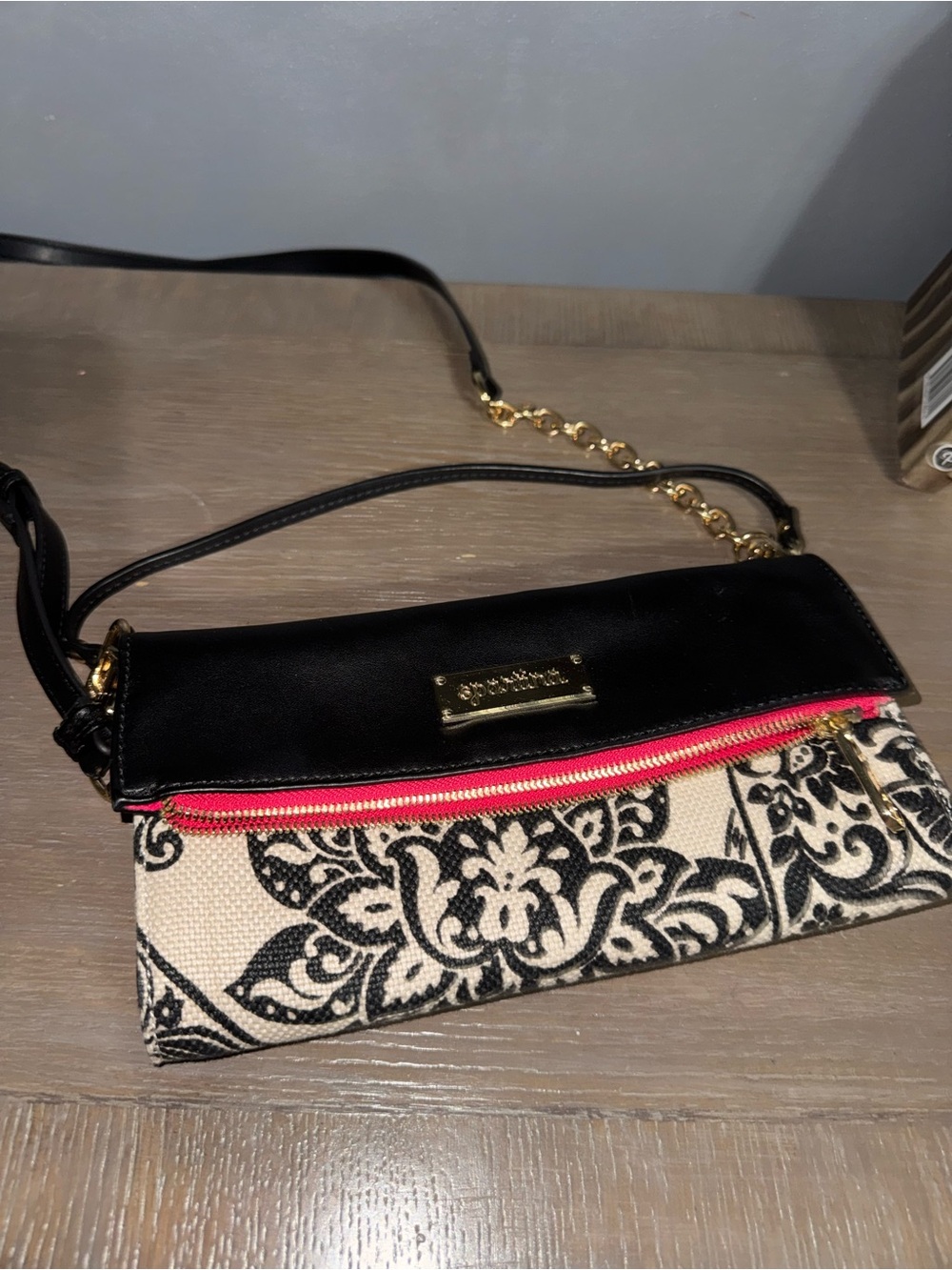 Spartina 449 convertible Crossbody wristlet purse black pink cream gold chain